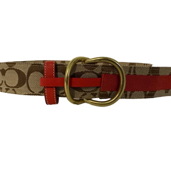 Coach Brown Jacquard Signature C Double Slip Buckles Belt Vintage - Picture 2 of 7